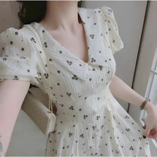 Đầm tiểu thư bồng bềnh thời trang nữ dự tiệc chất xốp hoa cổ V tay ngắn váy có lót dáng chữ A dài maxi