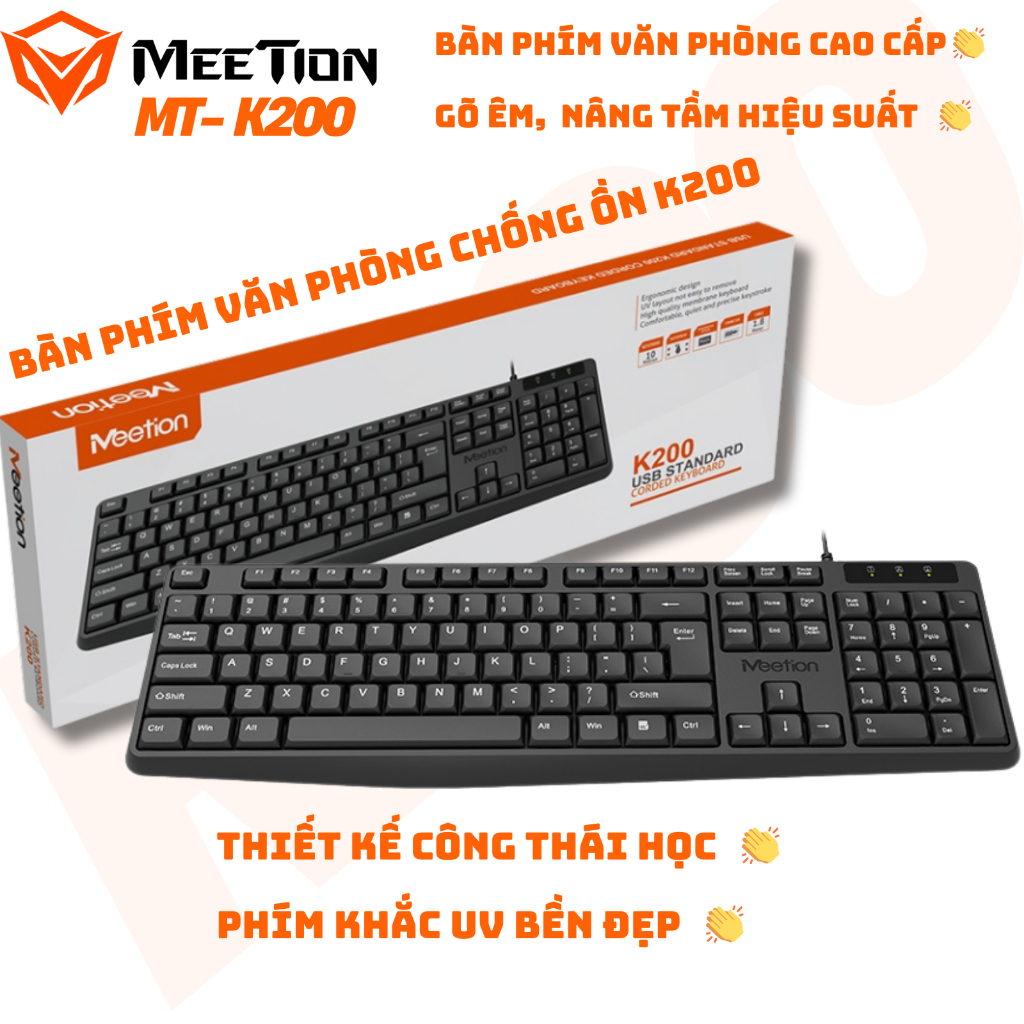 Bàn phím văn phòng K200 MeeTion 104 phím thiết kế Ergonomic keycap gia công UV độ bền cao