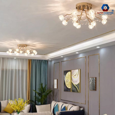 Đèn mâm ốp trần pha lê SuperVilighting trang trí phòng khách quán phong cách hiện đại 15 bóng
