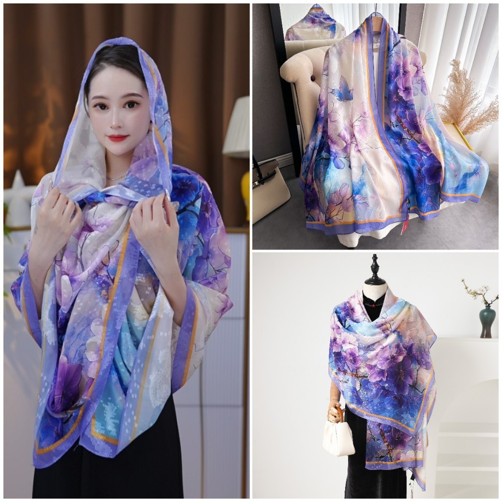 Khăn lụa dài họa tiết hoa cắt 180*90cm khăn choàng cổ cao cấp Xiangyun chống nắng khăn choàng đầu du lịch cao cấp