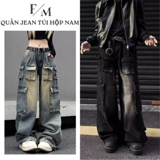 Quần Jean Nam Đen Xanh Wash 6 Túi Hộp Suông Ống Rộng Lưng Cao Quần Jean Unisex Cargo Pants HIPHOP