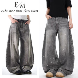  Quần Jean Nam Xám Wash Vảy Sơn Suông Ống Rộng 33CM Lưng Cao Form Đứng Dáng Dài Phong Cách HIPHOP 