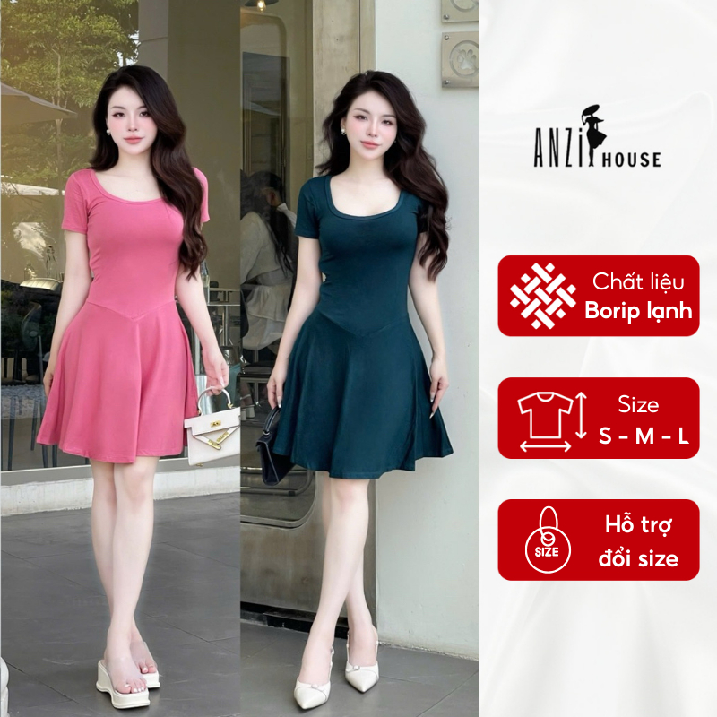 Đầm body xoè dáng ngắn cổ U vải, Váy Body vải Thun Tăm Borip Lạnh đi tiệc đi chơi đi biển ANZi House
