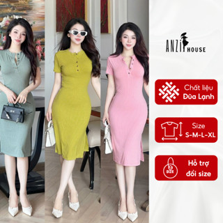 Đầm Body Tay Ngắn Cổ Trụ Xẻ Tà Dáng ôm Ngắn Trên Gối, Váy Body Vải Đũa Lạnh Quảng Châu mặc mát mẻ ANZi House AZH25