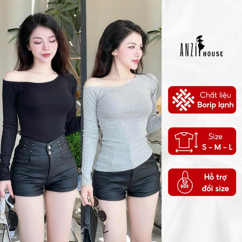 Áo thun trễ vai ôm body tay dài vải borip cotton mịn co giãn mặc mát mẻ ANZi House AZH21