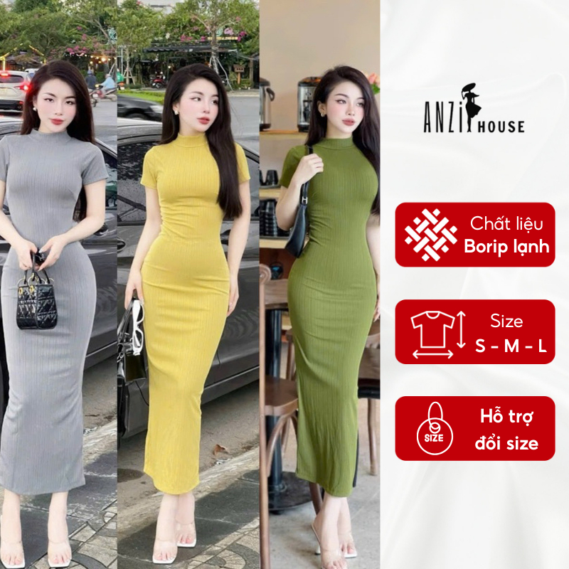 Đầm body dáng dài tay ngắn, Váy Body vải thun gân Quảng Châu co giãn ANZi House AZH16