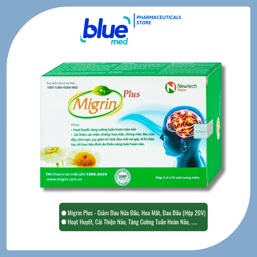 Migrin Plus - Hoạt Huyết, Bổ Não, Tăng Cường Tuần Hoàn Não, Giảm Đau Nửa Đầu, Hoa Mắt (Hộp 20 Viên)
