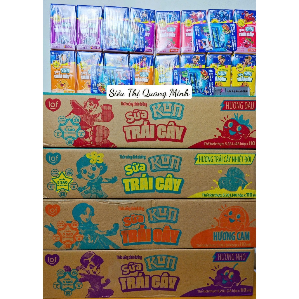 Thùng Sữa Lof Kun Trái Cây Đủ Vị 48 Hộp x 110ml Có Thẻ Đổi Quà
