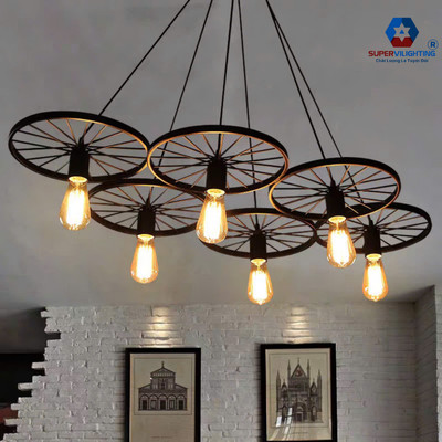 Đèn thả trang trí trần phòng khách quán bếp SuperVilighting hình 6 bánh xe đạp phong cách hiện đại