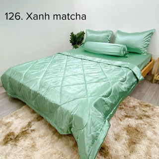 Bộ ga và vỏ gối phi lụa 1.8x2m, mền 2.2x2m, nệm dày 15cm( 5 món) phi khổ 1.5