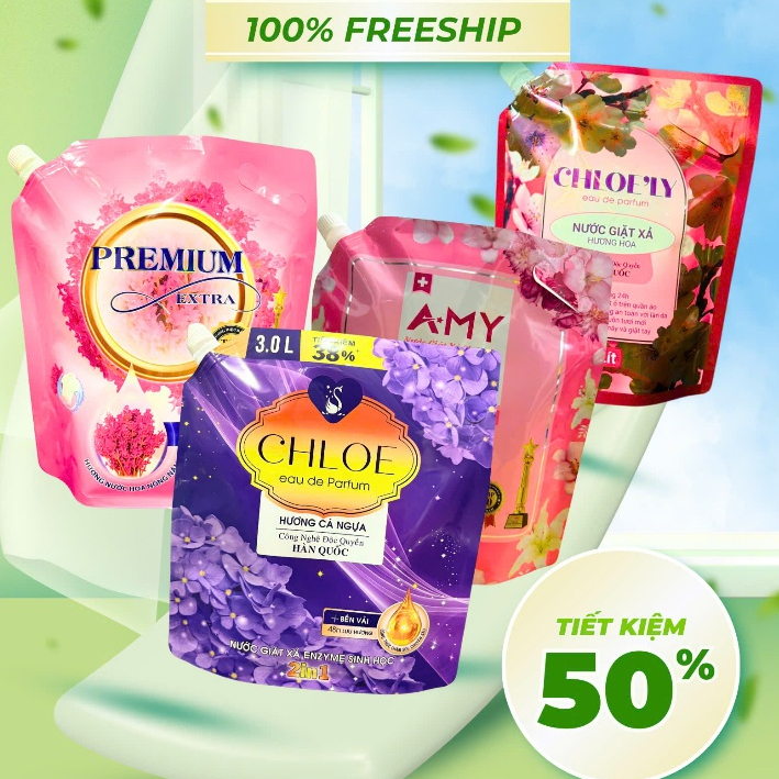 COMBO 4 TÚI GIẶT XẢ 4 HƯƠNG NƯỚC HOA AMY 3L + CHLOE 3L + CHLOE'LY 2L + PREMIUM 3L