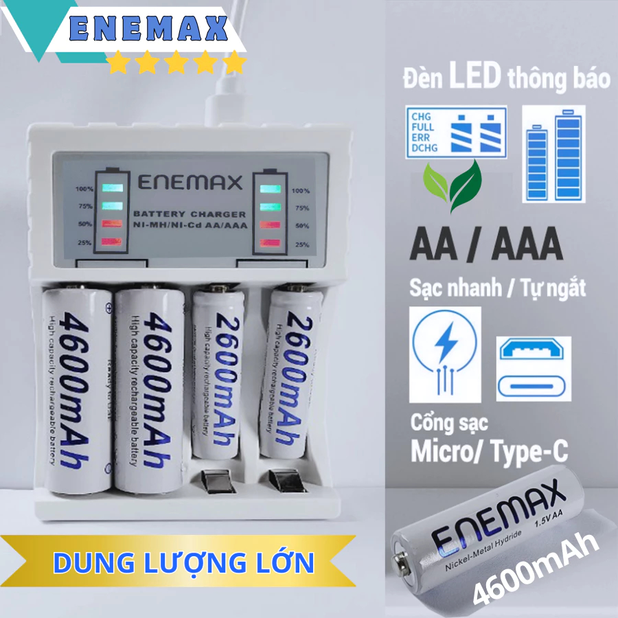 Pin Sạc Enemax, Pin sạc 1,5v, Pin Sạc AA, Pin Sạc AAA Sạc Lại Hơn 3500 Lần - Sạc Nhanh - Tự Ngắt