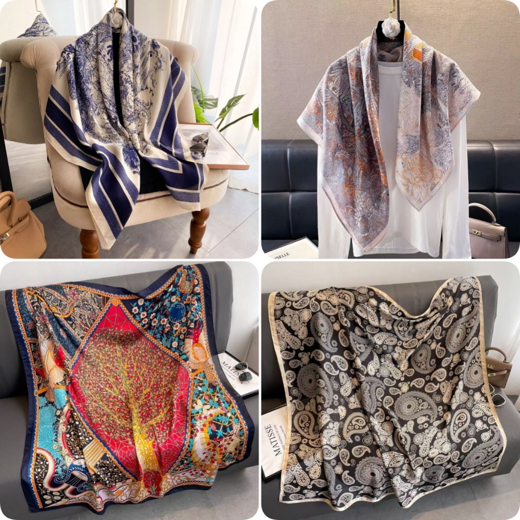 Khăn choàng lụa sọc họa tiết đơn giản phong cách Hàn Quốc 110cm chống nắng mỏng đa năng phối màu