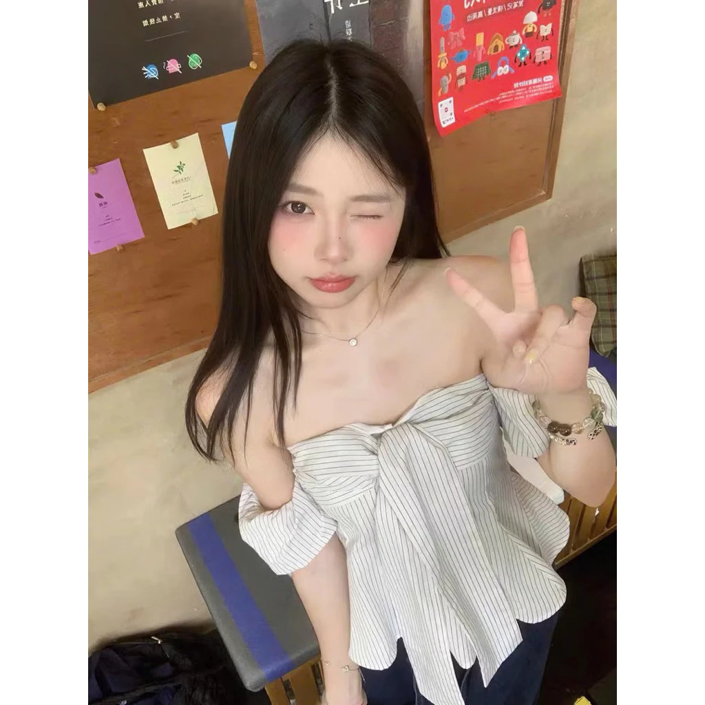 Áo kẻ thắt dây ngực chiết eo tay bo chun có cúc tháo rời IVORY TOP | BigBuy360 - bigbuy360.vn