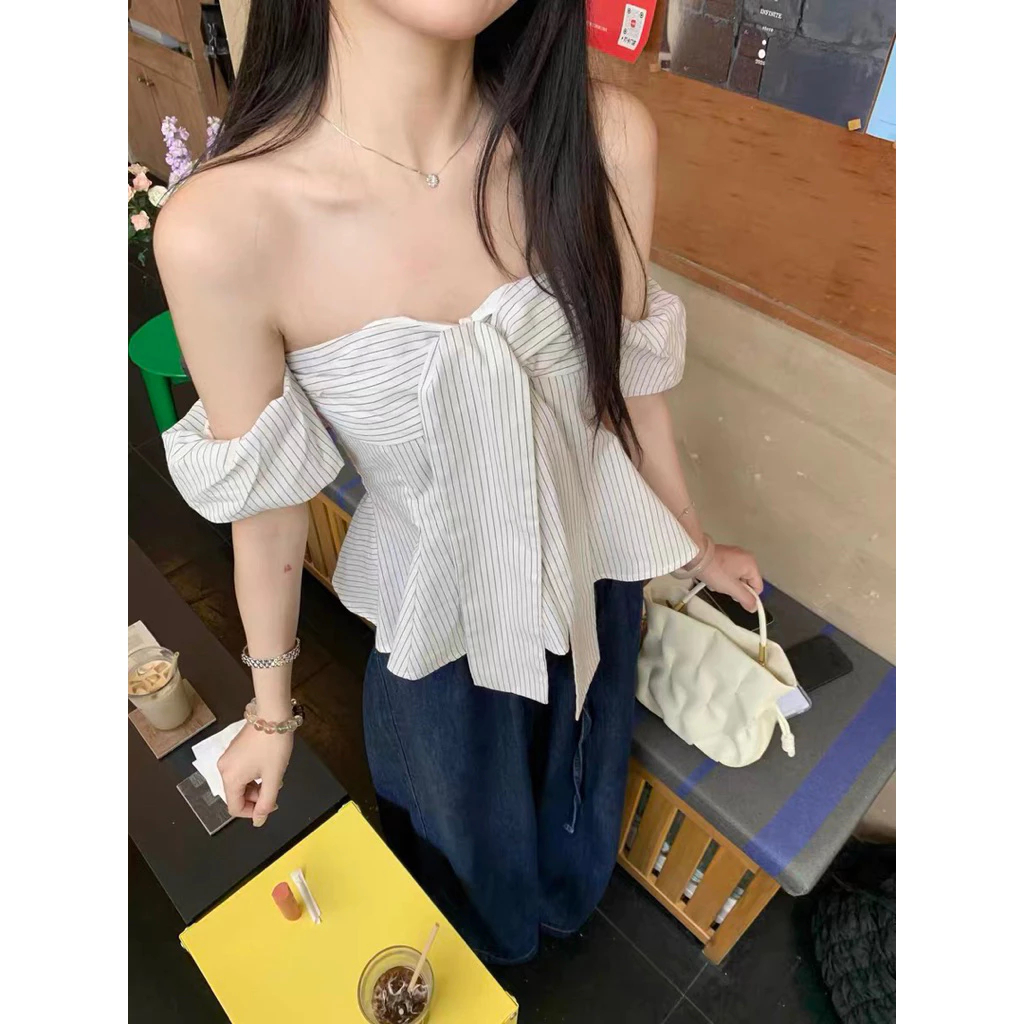 Áo kẻ thắt dây ngực chiết eo tay bo chun có cúc tháo rời IVORY TOP | BigBuy360 - bigbuy360.vn