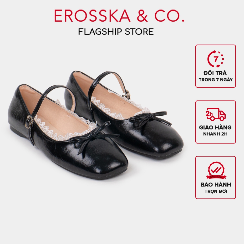 EROSSKA - Giày búp bê lolita mũi tròn phối ren quai ngang cao 1cm màu đen - EL101