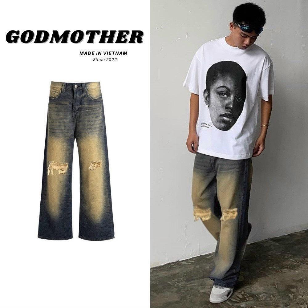 Quần jean nam ống xuông màu vintage xanh bụi trơn was vàng rách gối thời trang | BigBuy360 - bigbuy360.vn