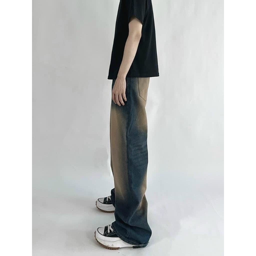 Quần jean nam ống xuông màu vintage xanh bụi trơn was vàng rách gối thời trang | BigBuy360 - bigbuy360.vn