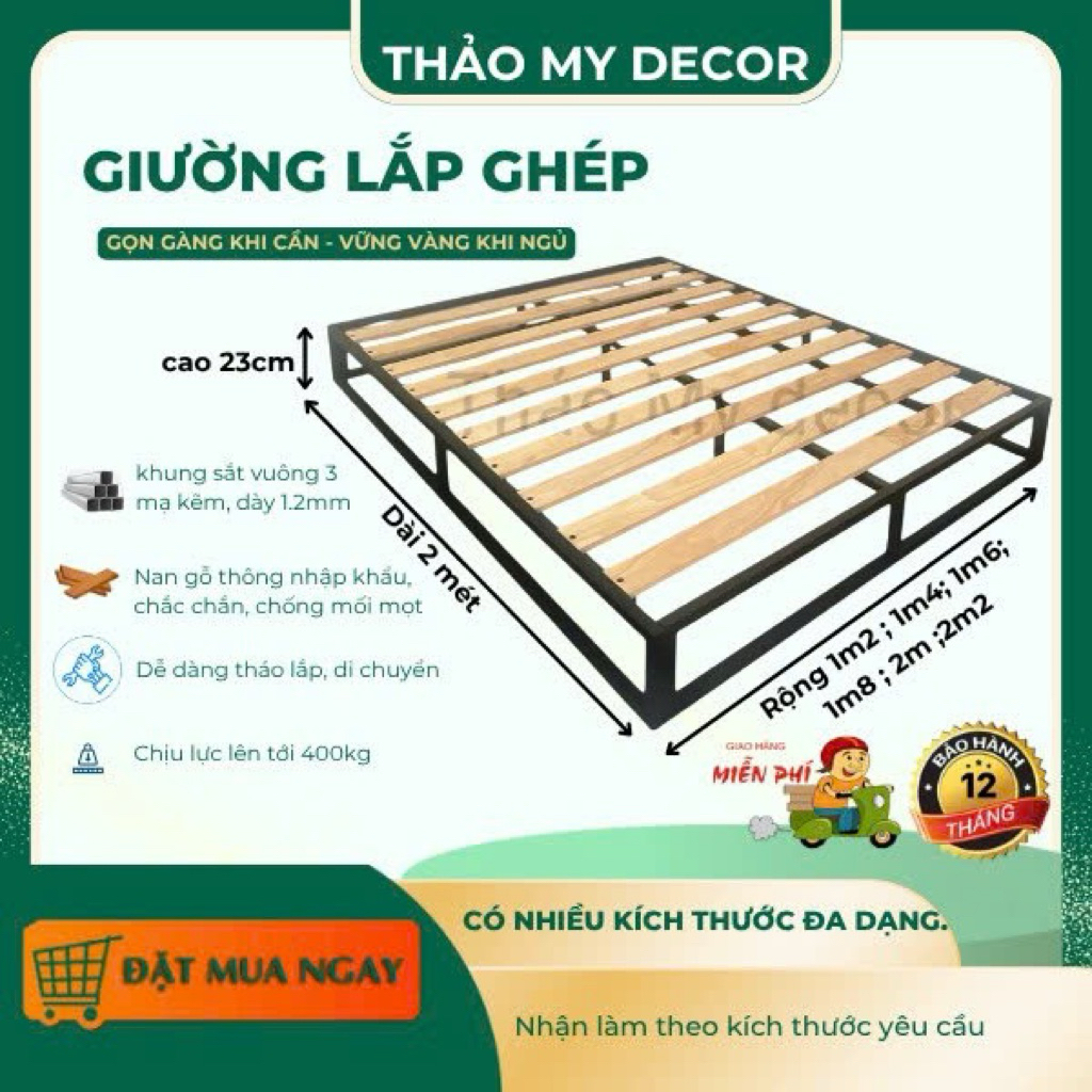 Giường Sắt Lắp Ráp 1m2, 1m4, 1m6, 1m8, 2m, 2m2 x 2m Nan Gỗ Thông - Giường Khung Sắt Chịu Lực Tốt