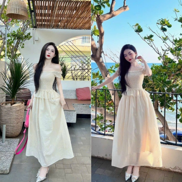 Set Váy Maxi, Đầm Trễ Vai Viền Bèo Dáng Dài Đi Biển