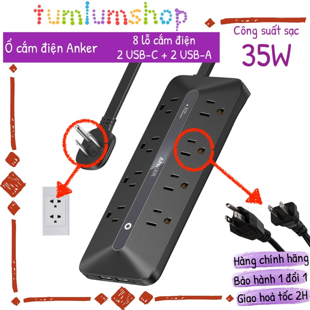 Ổ điện Anker thiết kế mới sạc USB-C 35W với 8 lỗ cắm điện