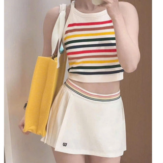 Bộ đồ thể thao nữ, set pickleball W-SON áo ba lỗ dáng yếm mix chân váy trắng 2 lớp thun hỗ trợ chơi Pickleball, Tennis..