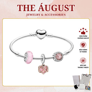 Vòng Tay Trái Tim Bạc Nữ Dây Mềm Mix Charm Treo Trái Tim Vô Cực Đính Đá Glass Hồng Qùa Tặng Ý Nghĩa The Áugust
