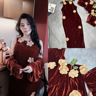  Váy nhung the sát nách hai dây khâu hoa xoắn nhuỵ thủ công dáng dài 