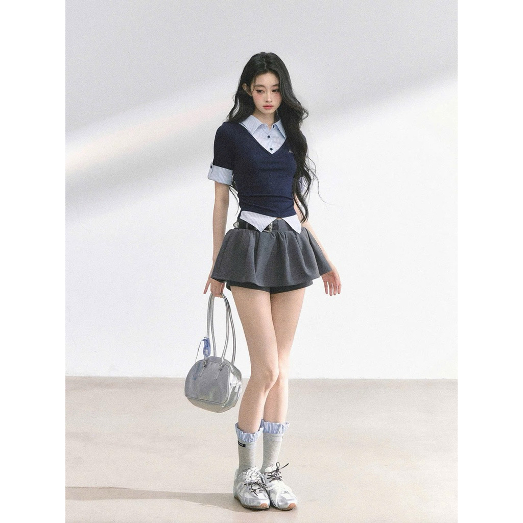 [S2.4140]Set Áo Zip Phối Kẻ Cổ Sơmi Thêu Chữ Mix Chân Váy Xoè Có Lót Quần | BigBuy360 - bigbuy360.vn