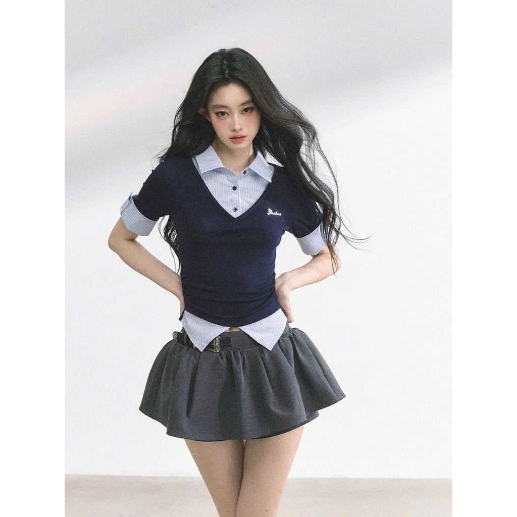 [S2.4140]Set Áo Zip Phối Kẻ Cổ Sơmi Thêu Chữ Mix Chân Váy Xoè Có Lót Quần | BigBuy360 - bigbuy360.vn