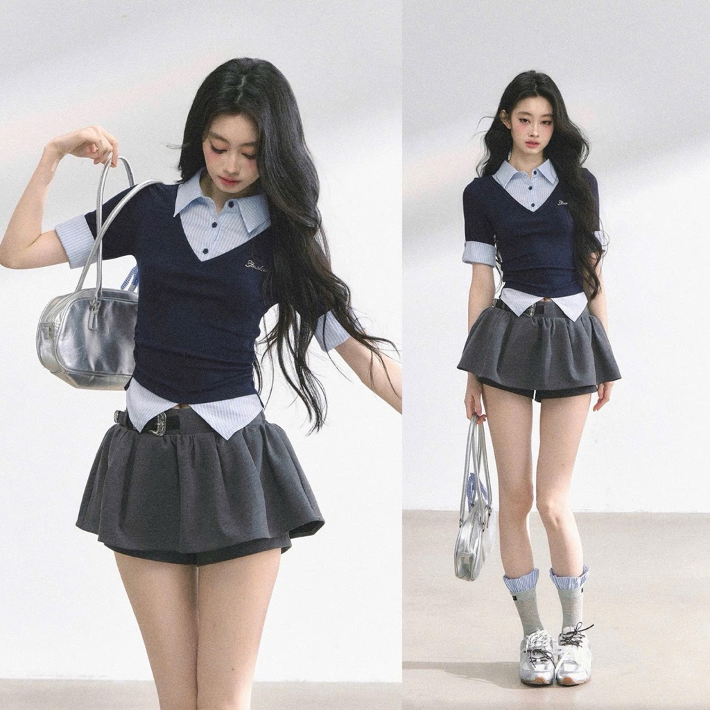 [S2.4140]Set Áo Zip Phối Kẻ Cổ Sơmi Thêu Chữ Mix Chân Váy Xoè Có Lót Quần | BigBuy360 - bigbuy360.vn