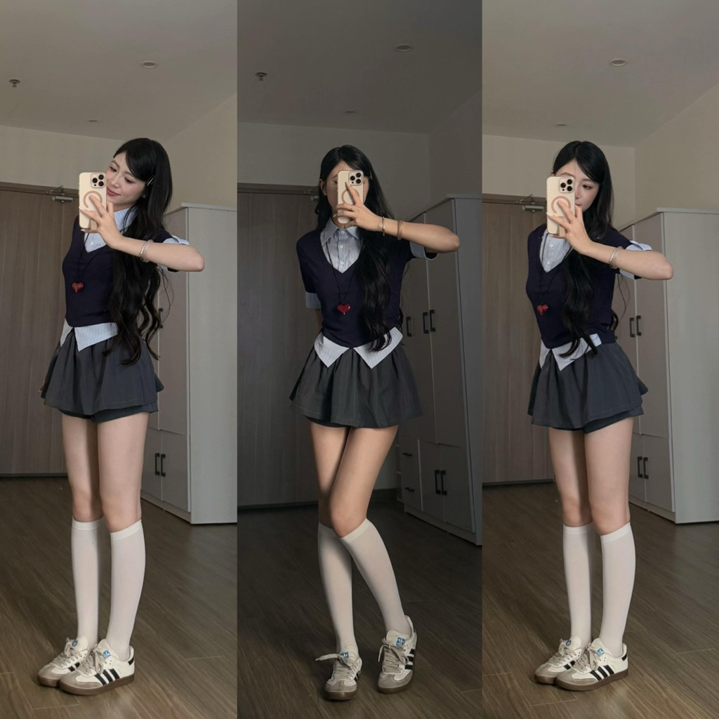 [S2.4140]Set Áo Zip Phối Kẻ Cổ Sơmi Thêu Chữ Mix Chân Váy Xoè Có Lót Quần | BigBuy360 - bigbuy360.vn