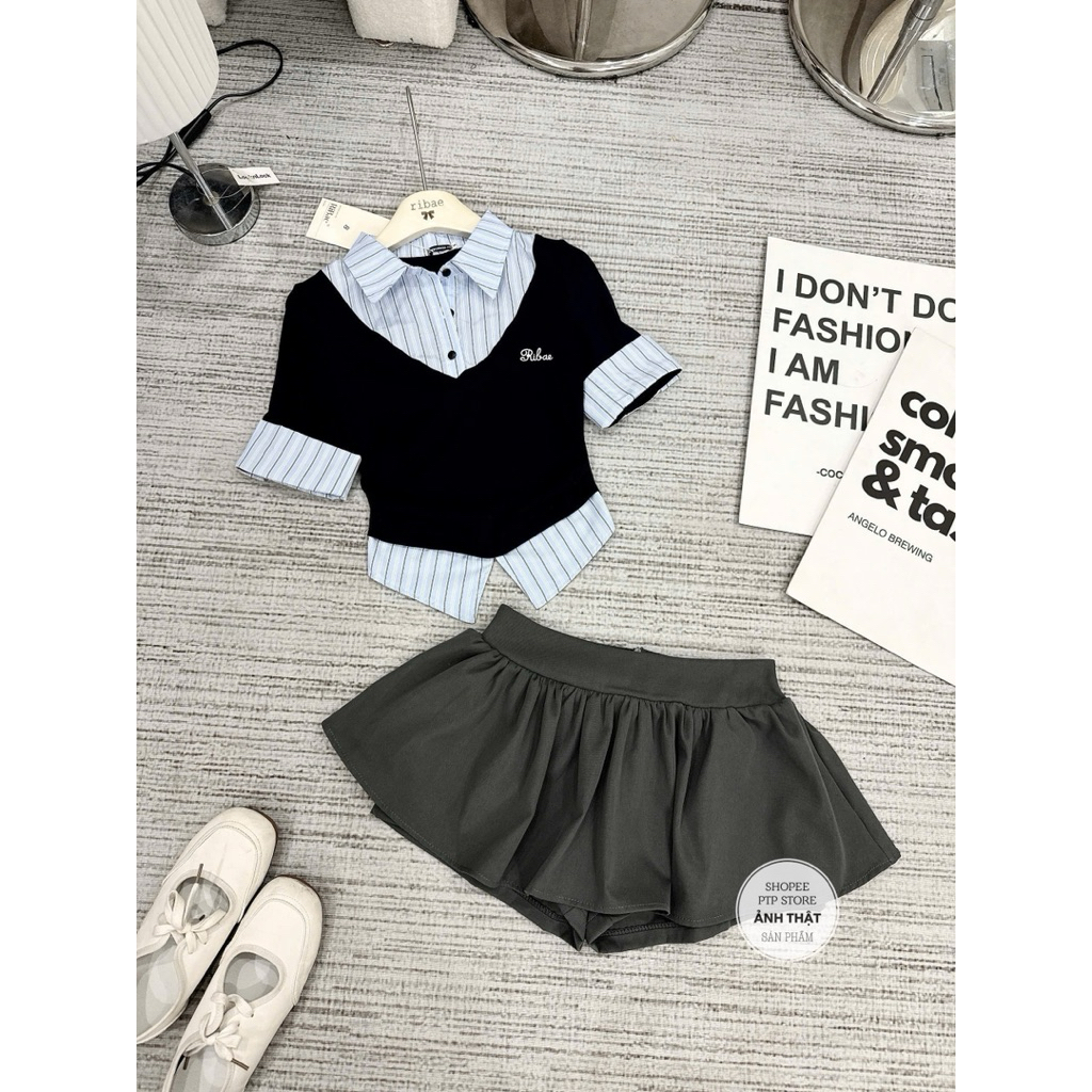 [S2.4140]Set Áo Zip Phối Kẻ Cổ Sơmi Thêu Chữ Mix Chân Váy Xoè Có Lót Quần | BigBuy360 - bigbuy360.vn