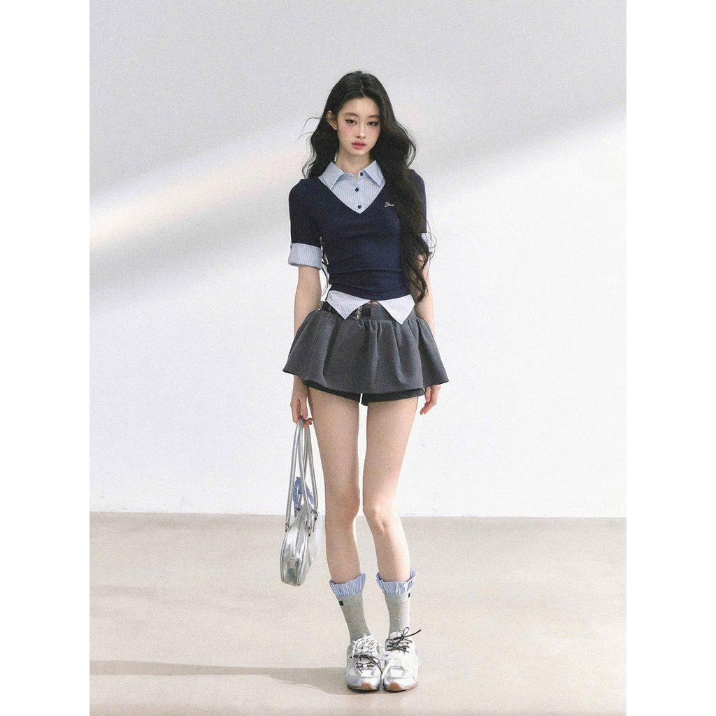 [S2.4140]Set Áo Zip Phối Kẻ Cổ Sơmi Thêu Chữ Mix Chân Váy Xoè Có Lót Quần | BigBuy360 - bigbuy360.vn
