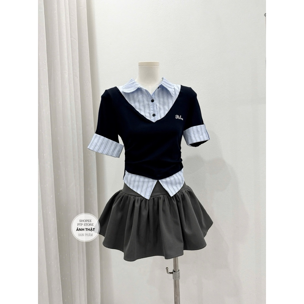 [S2.4140]Set Áo Zip Phối Kẻ Cổ Sơmi Thêu Chữ Mix Chân Váy Xoè Có Lót Quần | BigBuy360 - bigbuy360.vn