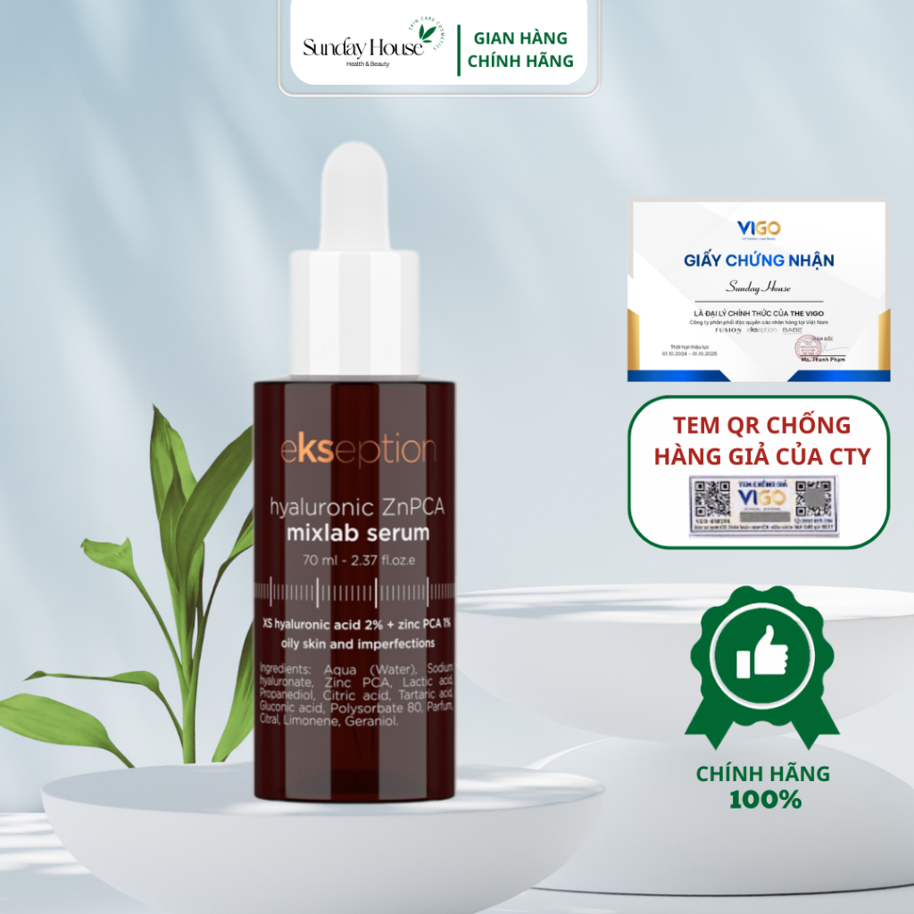 Serum Kẽm Ekseption Hyaluronic ZnPCA Mixlab (HA+1% ZnPCA)Tinh Chất Giúp Sáng Da Giảm Mụn Mờ Thâm
