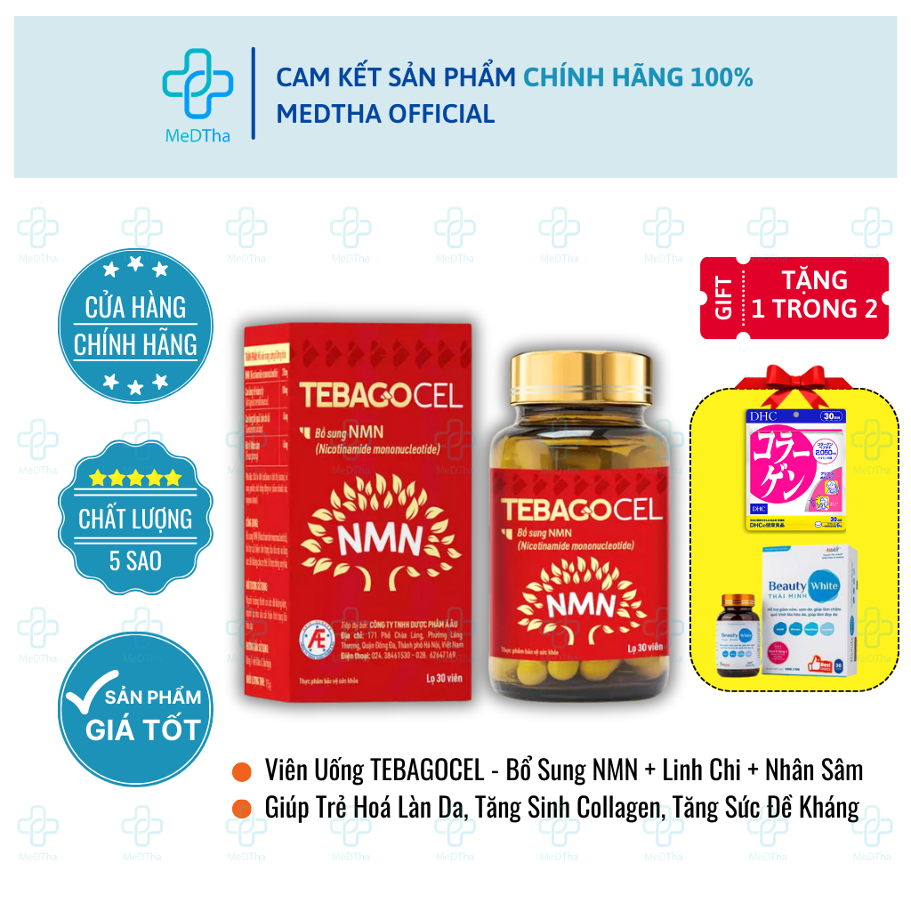 TEBAGOCEL - Bổ Sung NMN, Linh Chi Đỏ, Tăng Sức Đề Kháng, Ngăn Lão Hóa, Trẻ Hóa Làn Da (Lọ 30 Viên)