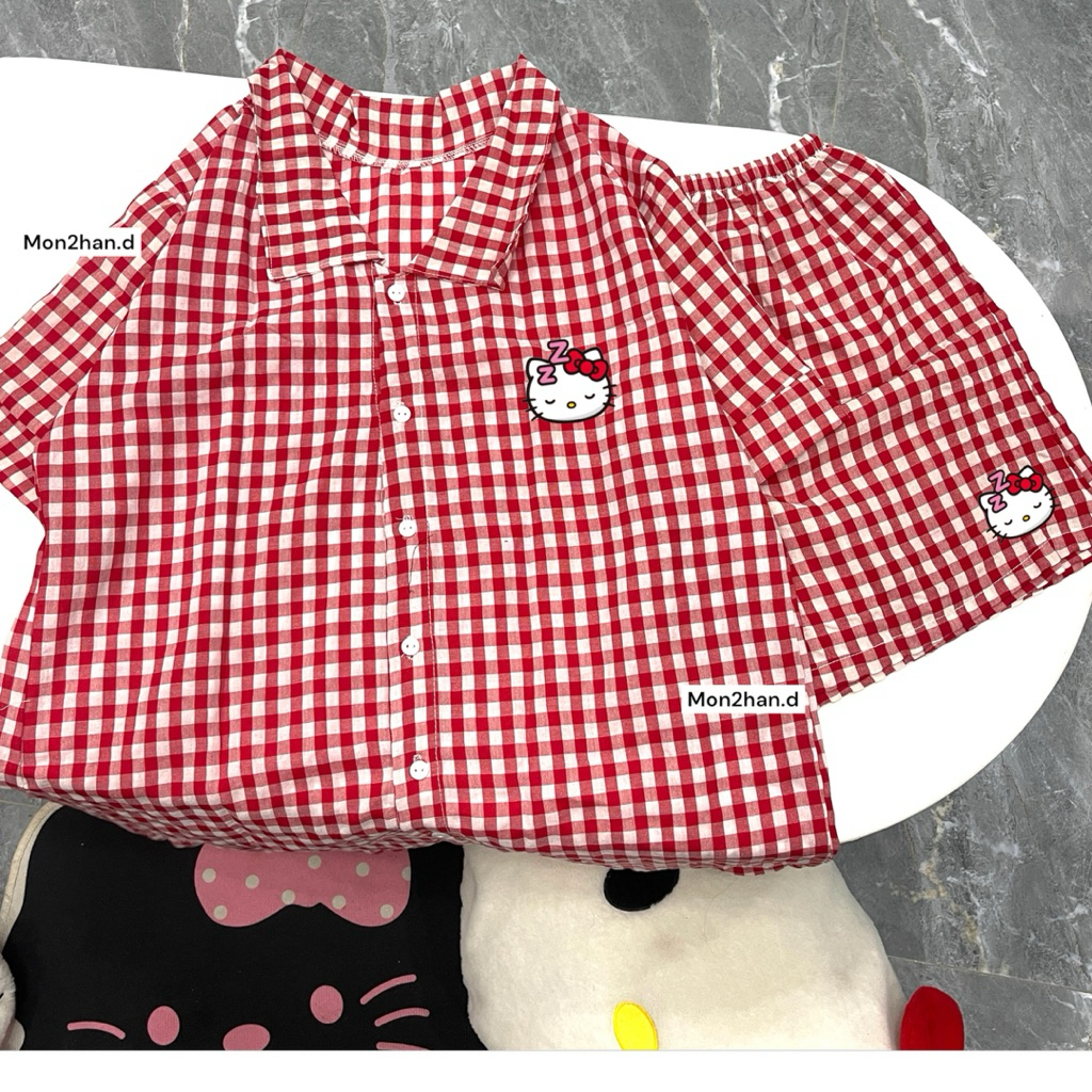 SET NGỦ CARO ĐỎ HELLO KITTY | BỘ CARO ĐỎ KITTY