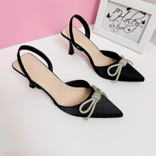 Giày sandal nữ HALEY STORE gót 7cm vip bít mũi nhọn quai đính nơ xoàn đá pha lê sang trọng tiểu thư công chúa đi tiệc
