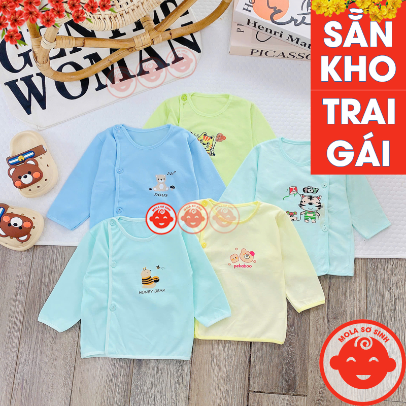 Áo Sơ Sinh Bé Trai Gái Dài Tay Cotton Nền Màu In Hình, Mềm Mại Hoạ Tiết Dễ Thương Size Từ 3-9kg