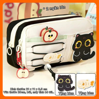 Hộp bút vải dán mèo đan dây cute nhiều ngăn lớn văn phòng phẩm đi học phối màu dễ thương đa năng đẹp 