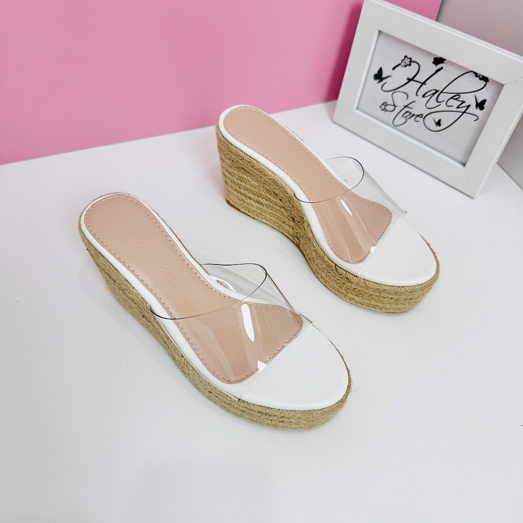 (LẤY LÊN 1 SIZE)Guốc xuồng cói mika HALEY STORE 10cm đế xuồng quai bảng trong suốt tiểu thư công chú