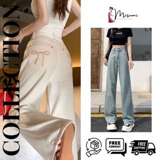 Denim nữ dáng suông ống rộng MISUMI  cạp cao 2 túi sau thêu nơ QDJ03 Pants Women quần jean khóa kéo đượng phố có thể giặ