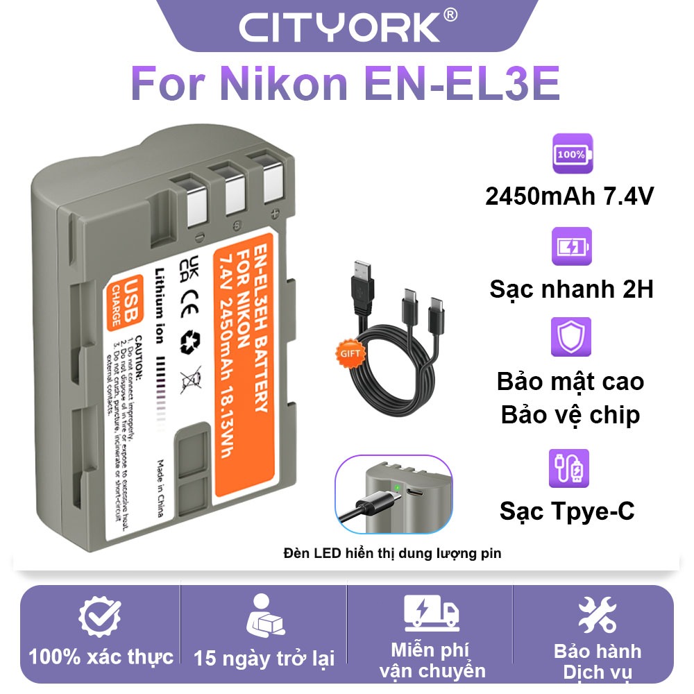 CITYORK Bộ Pin Nikon EN-EL3E 2450mAh Sạc Type-C Cho máy ảnh Nikon D70 D70s D80 D90 D200 D300 D700