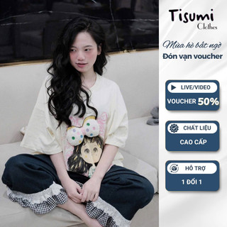  Đồ bộ nữ áo phông in hình cô gái cute mix quần suông dài viền bèo đồ ngủ nữ thoải mái trẻ trung HCOM25801 