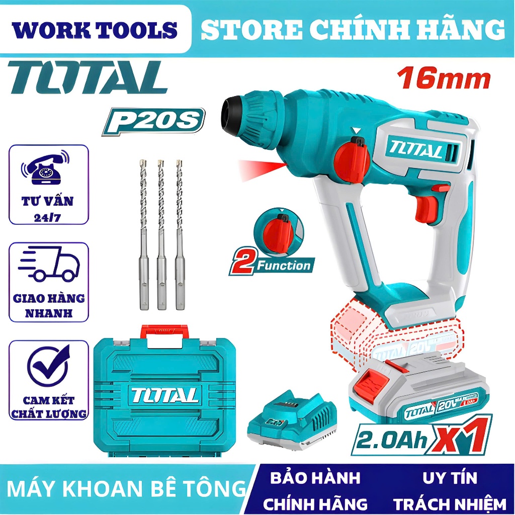TOTAL Máy khoan bê tông dùng pin 20V TRHLI1601 , TRHLI20168 , TRHLI201681