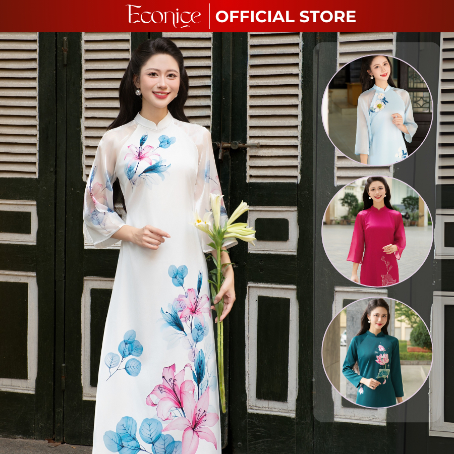 Áo dài cách tân nữ cao cấp họa tiết hoa mặc các dịp lễ tết truyền thống Econice 2024