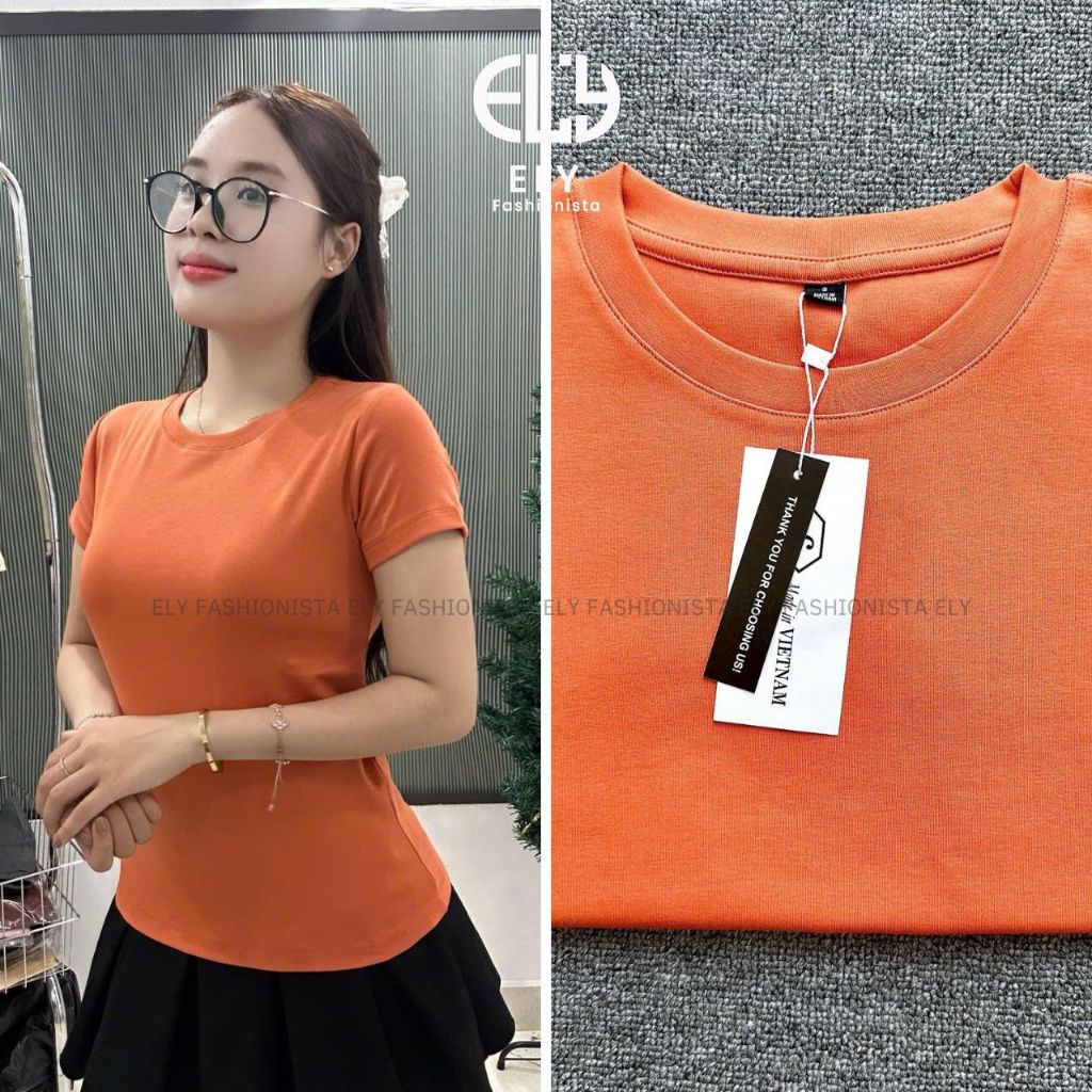Áo phông nữ cổ tròn tay ngắn ôm body kiểu basic vải thun cotton borip cao cấp co giãn 4c không bai nhão trắng đen ELY207 | BigBuy360 - bigbuy360.vn