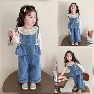  Set jean bé gái 3 chi tiết cổ sen gồm áo sơ mi kèm quần và gile cho bé 10-30kg 