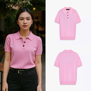 Áo polo dệt kim cổ bẻ ngắn tay nữ màu hồng Pastel, áo polo len cộc tay form ôm đẹp S M L, len dệt mịn mềm mại